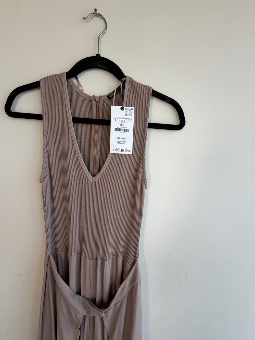 NWT Zara Sleeveless V-Neck Ribbed Taupe Jumpsuit with a wrapped maxi skirt
